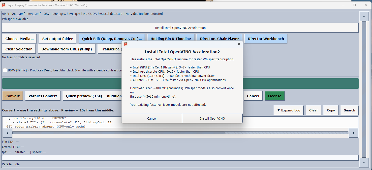 Install Intel OpenVINO Acceleration dialog in FFmpeg Commander showing speed benchmarks