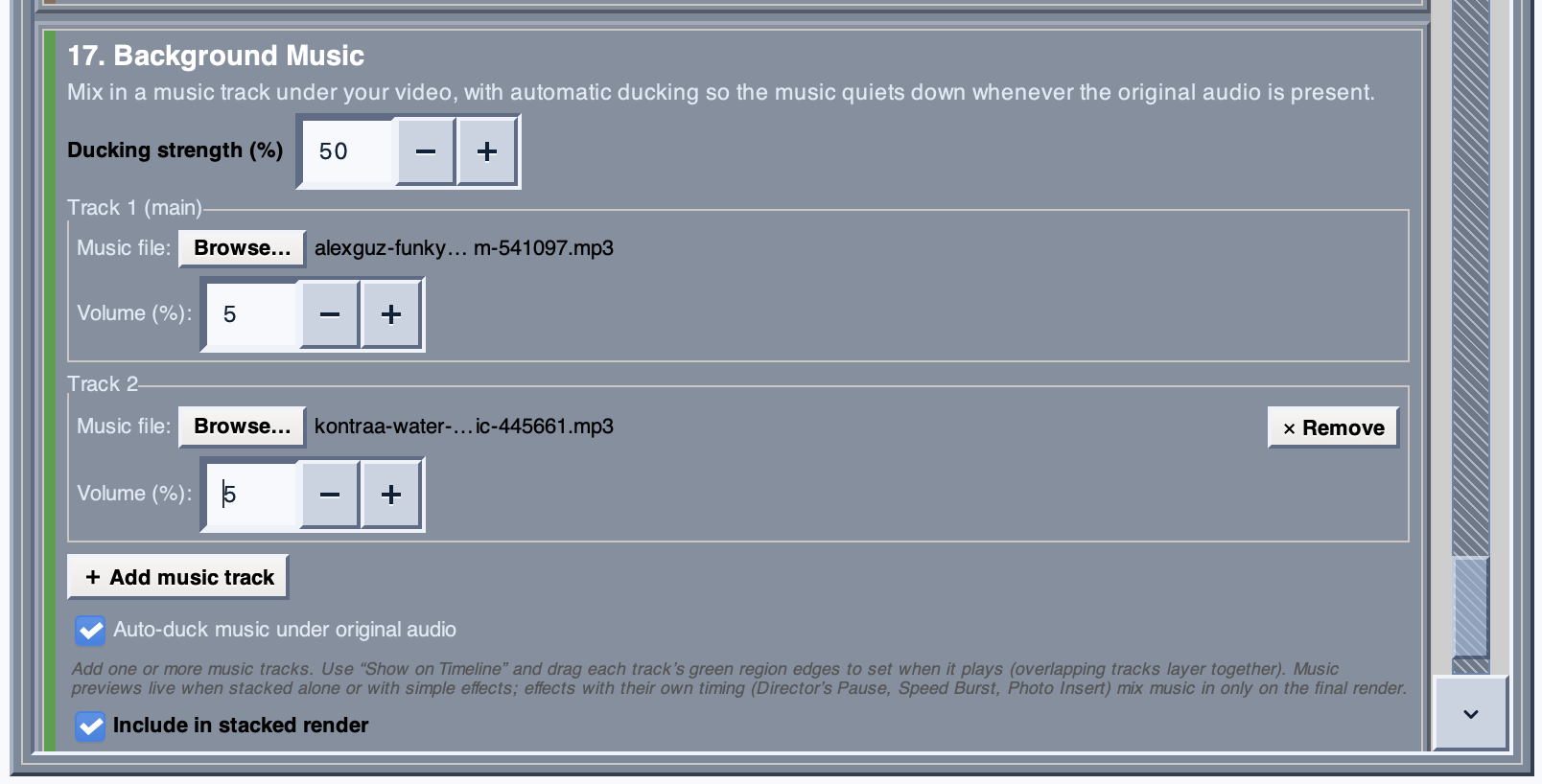 Background Music settings panel showing ducking strength, two music tracks each with a file and volume, and an Add music track button