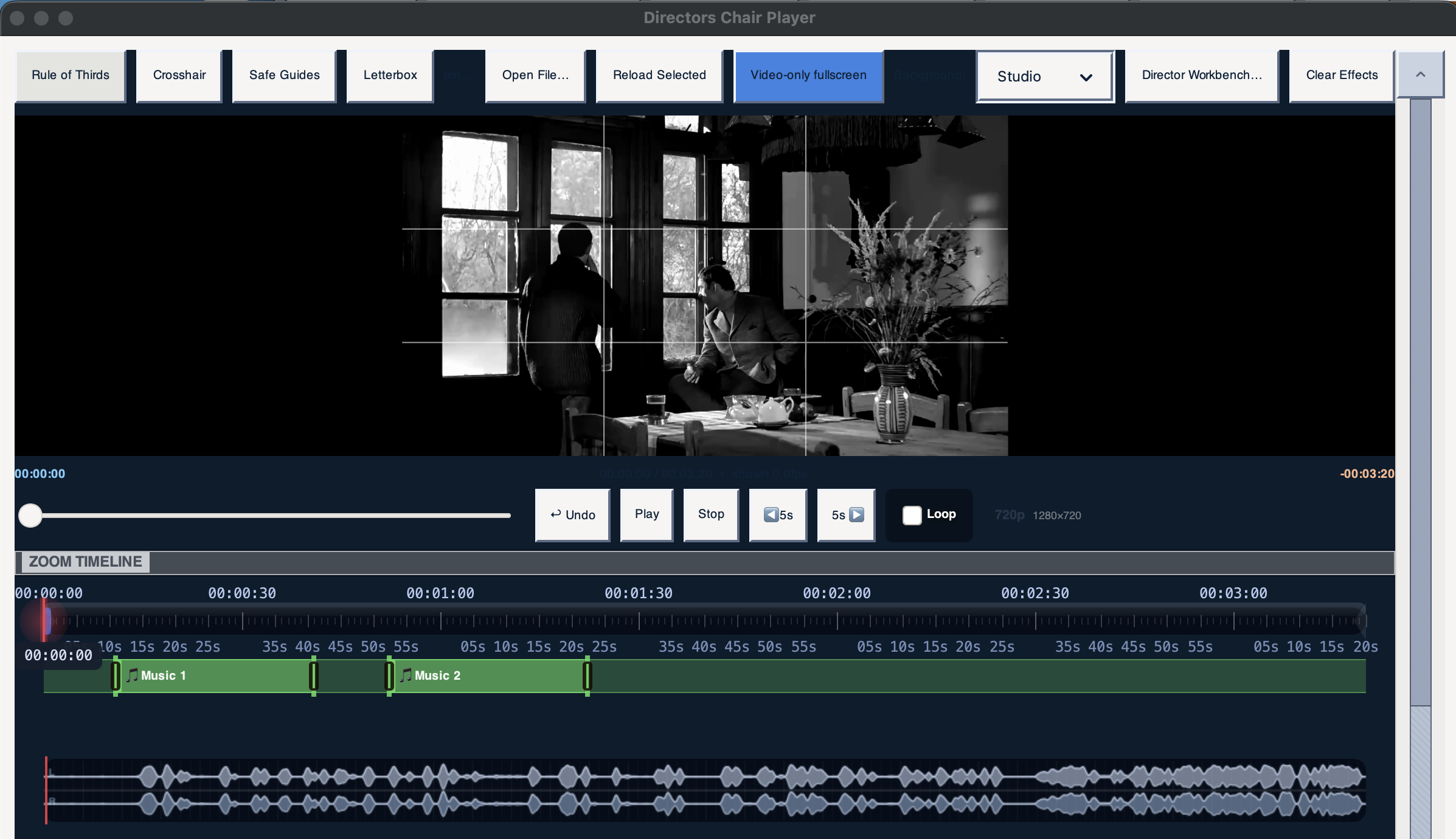 Director's Chair Player timeline showing two background music regions, Music 1 and Music 2, sitting side by side over the video