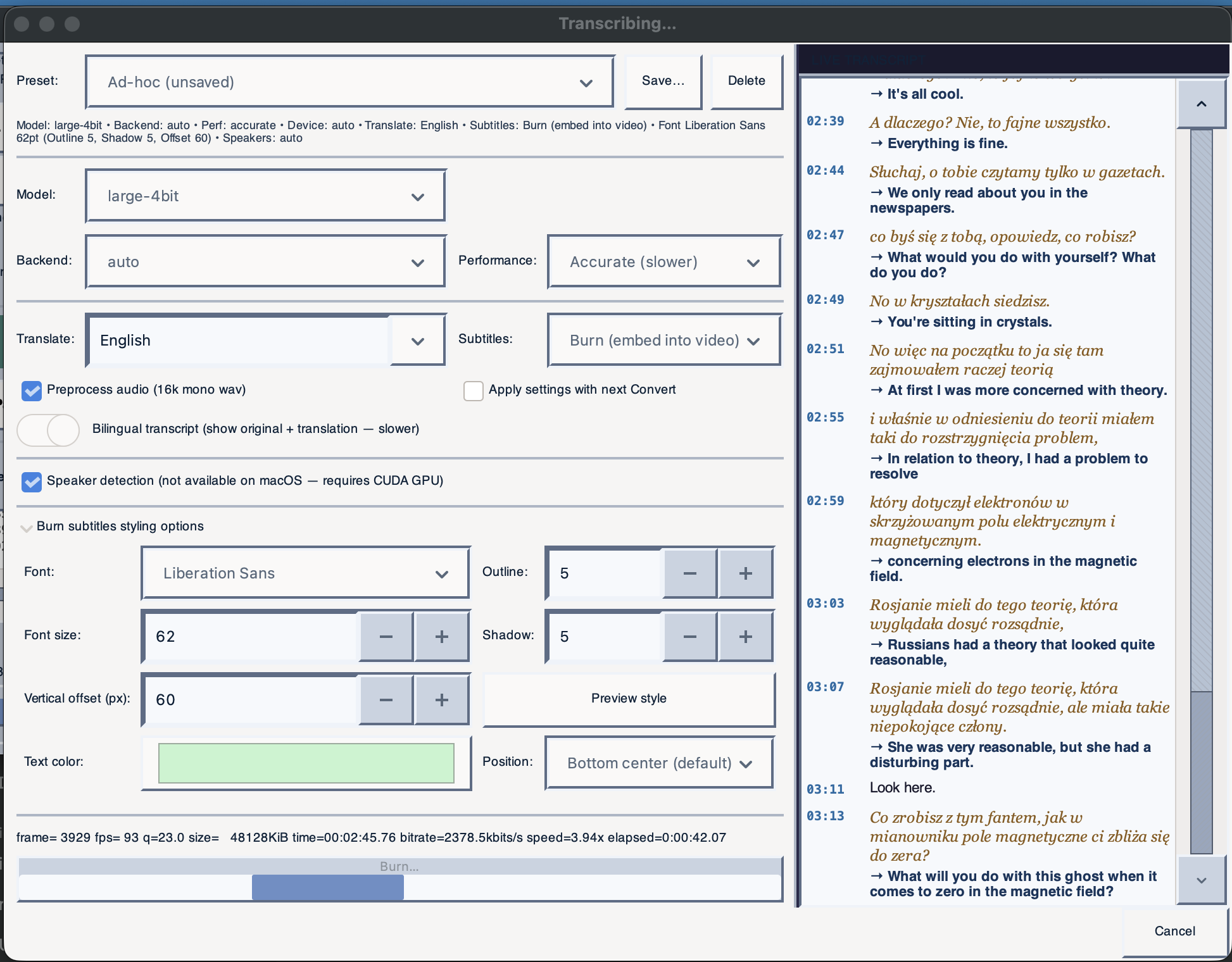 Bilingual transcript view showing the original spoken language alongside the English translation, line by line with timestamps
