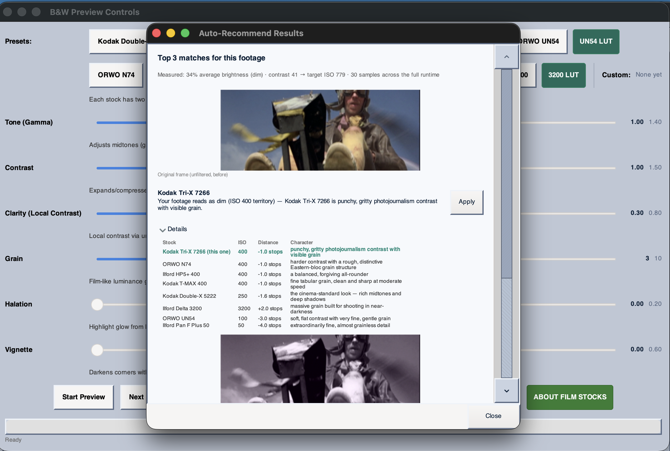 Auto-Recommend Results dialog in FFmpeg Commander's Black & White Preview Controls, showing the measured footage stats, the original unfiltered frame, the top recommendation Kodak Tri-X 7266 with an Apply button, and an expanded Details table comparing all eight film stocks by ISO and distance in stops