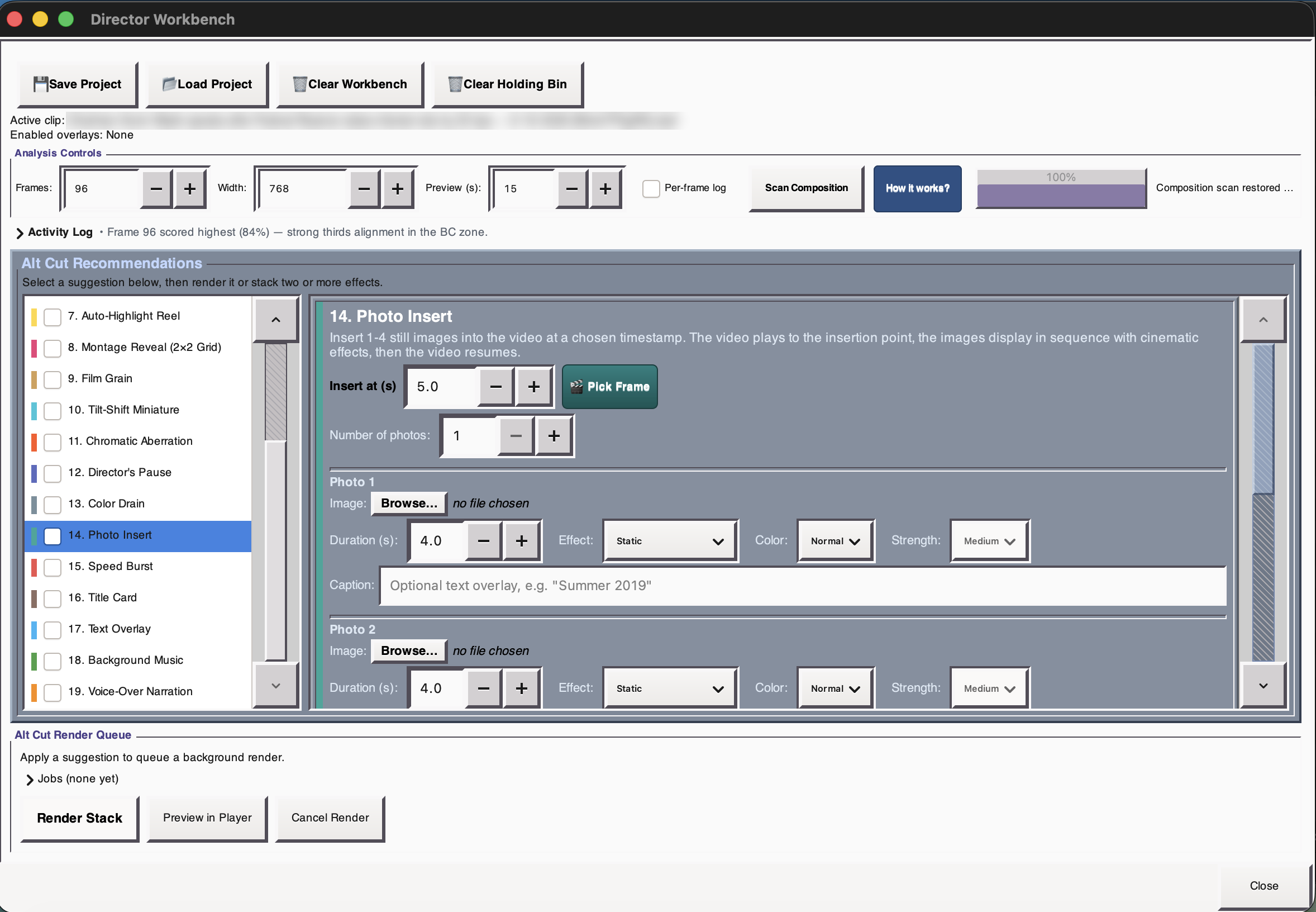 Director Workbench: effect list on the left, the selected effect's settings on the right