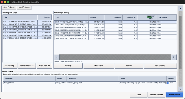 FFmpeg Commander Holding Bin and Timeline interface