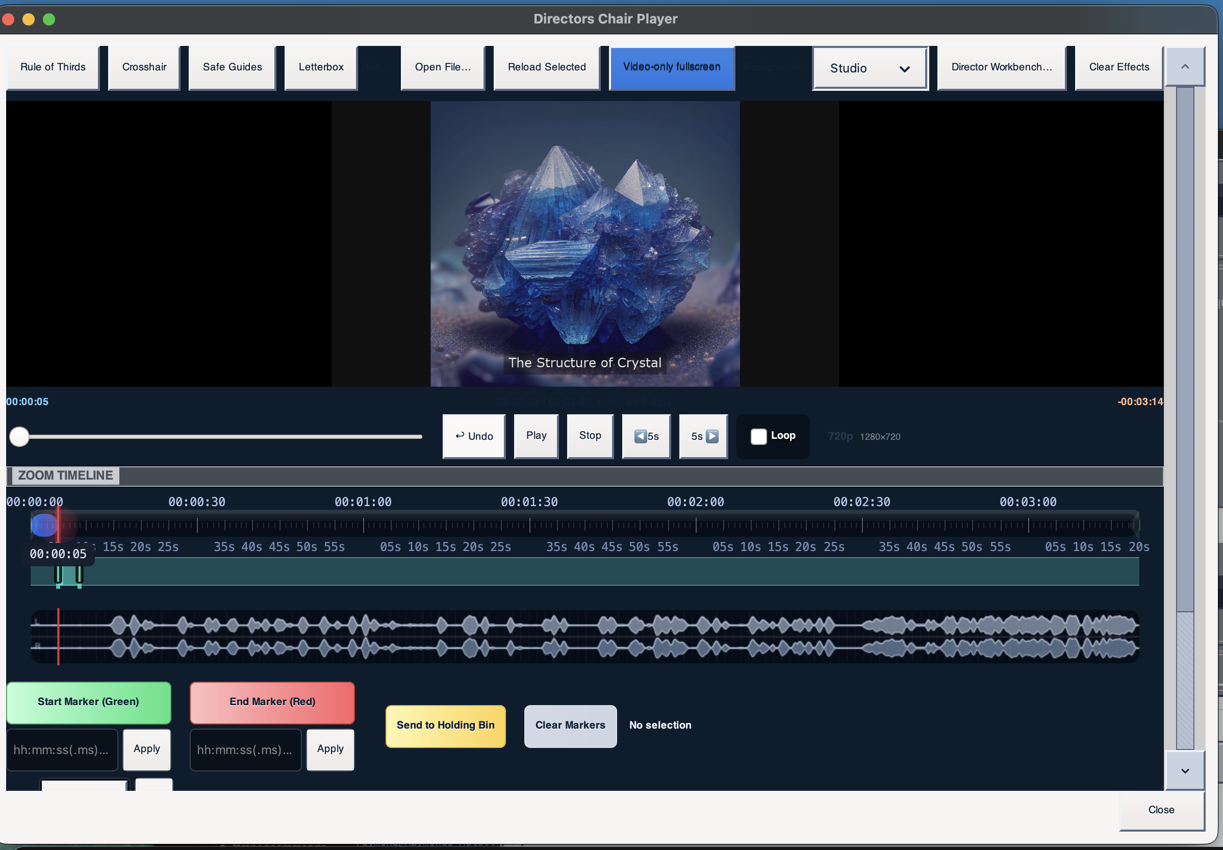 Director's Chair Player previewing a Photo Insert with the caption 'The Structure of Crystal' burned into the bottom of the frame
