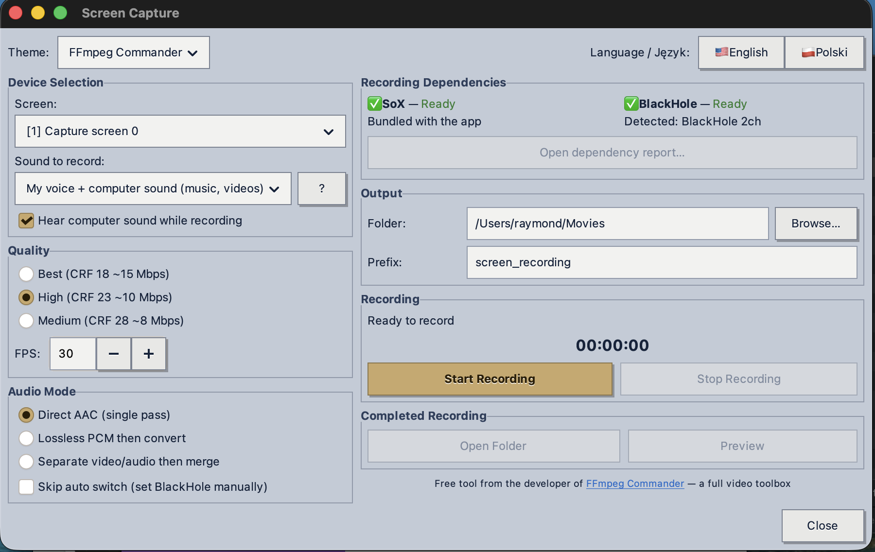 Screen Capture app on macOS showing device selection, quality settings, audio mode, and recording controls